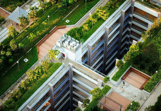 A cityscape featuring urban agriculture on roofs. 